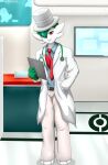  2021 baterco clipboard clothing coat detailed_background doctor gallade hat headgear headwear hi_res humanoid lab_coat male medical_instrument nintendo pok&eacute;mon pok&eacute;mon_(species) scientific_instrument signature solo stethoscope top_hat topwear video_games 