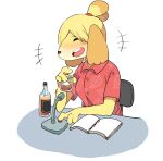  2020 absurd_res alcohol animal_crossing anthro beverage blonde_hair blush book canid chair drunk eyes_closed female furniture hair hi_res holding_glass holding_object isabelle_(animal_crossing) laugh mammal menma911 microphone nintendo simple_background sitting smile solo substance_intoxication video_games white_background 