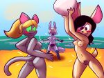  2021 4:3 anthro ball beach beach_ball black_body black_fur black_hair blonde_hair blush breasts butt cat_tail chiggedychew clothed clothing digital_media_(artwork) domestic_cat embarrassed embarrassed_nude_female exposed_breasts felid feline felis female female/female fur genitals green_eyes group hair inflatable lagomorph leporid mammal nipples nude nude_beach outside pubes pussy rabbit sand seaside shocked topless unknown_species yellow_body yellow_fur 
