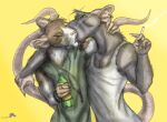  beverage black_eyes cigarette clothing ear_piercing ear_ring green_clothing green_shirt green_topwear jewelry kissing male male/male mammal murid murine necklace piercing rat rodent shirt soda tank_top topwear whimsicalsquirrel 