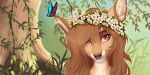  2021 anthro breasts brown_eyes brown_hair brown_nose cervid day detailed_background digital_media_(artwork) eyebrows eyelashes female hair hi_res kyotoleopard mammal outside smile solo 