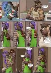  alcohol anthro beer beverage bodily_fluids clothed clothing comic crossdressing drinking duo father fridge green_eyes hair hi_res hyaenid male male/male mammal parent pickles-hyena piercing purple_hair saliva son striped_hyena 