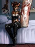  2021 3:4 anthro bed biped body_pillow breasts dakimakura_design dakimakura_pillow female furniture genitals green_eyes hi_res hyaenid kardia mammal nipples pillow poster_(object) pussy sitting sleepyhelen solo 