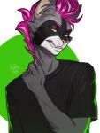  anthro ariannafray_pr bedroom_eyes claws clothing ethan_bedlam fangs green_eyes hair hand_on_neck hand_on_shoulder hi_res male mammal mohawk narrowed_eyes pink_hair procyonid raccoon seductive shirt smile smirk solo t-shirt topwear 
