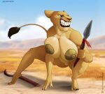  angry anthro anthrofied areola big_areola big_breasts big_nipples blue_eyes breasts broken_weapon disney el-loko felid female genitals huge_breasts lion mammal melee_weapon nala nipples nude pantherine peach_pussy polearm pussy solo space spear teeth_bared the_lion_king weapon yellow_sclera 