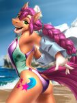  2021 3:4 5_fingers absurd_res anthro anthrofied beach braided_hair breasts butt_pose clothed clothing cutie_mark day detailed_background digital_media_(artwork) equid equine eyebrows eyelashes female fingers fur green_eyes hair hasbro hi_res long_hair mammal mlp_g5 my_little_pony mykegreywolf one-piece_swimsuit open_mouth open_smile orange_body orange_fur outside pose sand seaside shoreline signature sky smile solo sunny_starscout_(mlp) swimwear text url water 
