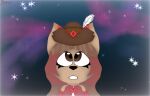  2021 anthro black_nose brown_eyes brown_hair clothing cosmic_background diane_(izabellacoffee) eyelashes female gradient_hair hair hat hat_feather headgear headwear hi_res high-angle_view ibispaintx izabellacoffee kangaroo looking_up loose_feather macropod mammal marsupial red_hair shoulderless_shirt solo star text topwear vest 