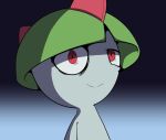  2021 ambiguous_gender anthro kordcross nervous_grin nintendo pok&eacute;mon pok&eacute;mon_(species) ralts reaction_image red_eyes shadow shocked_expression simple_background solo stressed video_games 