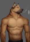  2021 anthro bottomwear canid canine canis cigarette clothing digital_media_(artwork) domestic_dog fur hi_res ixkouu male mammal muscular muscular_anthro muscular_male nipples pecs simple_background smoking solo 