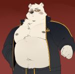  2021 absurd_res anthro belly black_nose bottomwear clothing eyewear fur hi_res humanoid_hands kemono male mammal moobs navel nipples odd_taxi overweight overweight_male pants polar_bear quanjiang red_background sekiguchi_(odd_taxi) simple_background solo sunglasses ursid ursine white_body white_fur 
