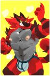  5_fingers absurd_res anthro armpit_hair biceps big_bulge bodily_fluids body_hair border bulge burrnie clothed clothing felid fingers fur hi_res incineroar jockstrap jockstrap_only male mammal musclegut muscular muscular_anthro muscular_male musk nintendo nipples pecs pok&eacute;mon pok&eacute;mon_(species) red_body red_fur sharp_teeth simple_background solo sparkles sweat teeth thick_thighs underwear underwear_only video_games white_border yellow_sclera 