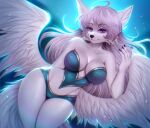  adorableinall ahoge angelis anthro black_nose bottomwear breasts canid canine cheek_tuft cleavage clothed clothing digital_media_(artwork) eyelashes facial_tuft feathered_wings feathers female fur glistening glistening_clothing hair lingerie long_hair mammal pink_hair portrait purple_eyes purple_fingernails shaded simple_background small_waist solo three-quarter_portrait topwear tuft white_body white_feathers white_fur wide_hips wings 