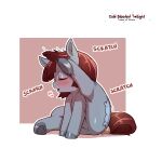  &lt;3 1:1 2021 bitterpill blush cold-blooded-twilight cutie_mark earth_pony equid equine eyes_closed fan_character featureless_crotch grey_body grey_skin hair hasbro hi_res hooves horse male mammal my_little_pony nude pony raised_leg red_hair red_tail scratching signature simple_background solo underhoof 