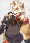  2020 anthro arknights canid canine canis clothing domestic_dog fur hair hi_res horn hung_(arknights) hypergryph male mammal multicolored_body multicolored_fur multicolored_hair shishimi443 simple_background solo studio_montagne video_games white_hair 