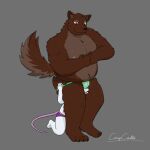  1:1 2020 anthro belly black_nose brown_body brown_fur bulge canid canine canis clothing crispcactus duo fur hi_res humanoid_hands jockstrap male mammal moobs mouse murid murine nipples overweight overweight_male rodent simple_background underwear white_body white_fur wolf 