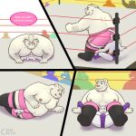  1:1 2020 anthro balls_outline belly bulge butt comic crispcactus detailed_bulge duo english_text felid fighting_ring fur genital_outline hi_res humanoid_hands lion lying male mammal moobs mouse murid murine nipples overweight overweight_male pantherine rodent size_difference text white_body white_fur wrestling 