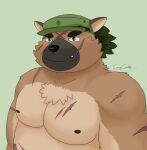  2020 anthro black_nose brown_body brown_fur canid canine canis clothing crispcactus cute_fangs domestic_dog fur hat headgear headwear male mammal moobs nipples overweight overweight_male scar solo tokyo_afterschool_summoners video_games yasuyori 