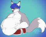 2021 anthro belly big_belly black_nose blue_hair canid canine digital_media_(artwork) fox green_eyes hair hyper hyper_belly kittydee male mammal obese obese_male overweight overweight_male solo 