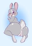  4pcsset anthro anus big_butt blush bonnie_hopps butt disney feet female fur genitals glistening glistening_body gradient_background grey_body grey_fur hi_res kneeling lagomorph leporid looking_at_viewer looking_back mammal mature_female nude open_mouth purple_eyes pussy rabbit rear_view simple_background soles solo zootopia 