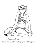  1998 anthro arctic_fox areola bernard_doove breasts canid canine chakona_space dipstick_tail english_text female fox fur greyscale hair half-closed_eyes mammal monochrome multicolored_tail narrowed_eyes navel nipples one_breast_out pregnant solo text trina_snowfox 