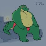  1:1 2021 alligator alligatorid anthro bed bedroom belly blush crispcactus crocodilian furniture green_body hi_res humanoid_hands inside male moobs navel overweight overweight_male reptile scalie sitting solo 