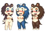  3:2 animal_crossing anthro blush bodily_fluids davirook embarrassed eulipotyphlan female genitals group hedgehog hi_res labelle_able mabel_able mammal nintendo nude pussy raised_arms sable_able sweat tears video_games 