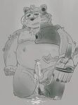  2021 absurd_res anthro balls belly bodily_fluids canid canine canis cum cum_on_ground domestic_dog edit erection eyes_closed genital_fluids genitals hi_res humanoid_genitalia humanoid_hands humanoid_penis kemono live-a-hero male mammal mokdai moobs nipples overweight overweight_anthro overweight_male penis simple_background solo tears uncensored video_games visor zuboboz 