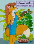  1995 anthro bernard_doove breasts brown_hair canid canine clothed clothing dipstick_tail dress english_text female fox fur gloves_(marking) hair mammal markings multicolored_tail nipple_outline nipples one_breast_out plant solo text yellow_body yellow_fur 