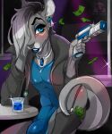  2021 anthro clothed clothing digital_media_(artwork) ear_piercing ear_ring eyebrows eyelashes girly gun hair kangaroo leotard macropod male mammal marsupial pacevanrign piercing ranged_weapon smile solo weapon 