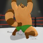  1:1 2020 anthro brown_body brown_fur butt canid canine crispcactus duo facesitting fighting_ring fur hi_res humanoid_hands lying male mammal overweight overweight_male raccoon_dog story story_in_description tanuki wrestling 