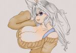  animal_humanoid big_breasts blue_eyes breasts canid canid_humanoid canine canine_humanoid cleavage clothed clothing dwite eyebrow_through_hair eyebrows female grey_hair hair hi_res huge_breasts humanoid inner_ear_fluff long_hair mammal mammal_humanoid off_shoulder simple_background solo sweater topwear traditional_media_(artwork) translucent translucent_hair tuft 