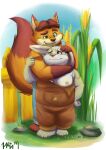  2018 anthro aotoaka belly biped canid canine clothing detailed_background digital_media_(artwork) digital_painting_(artwork) disney duo eyebrows fox full-length_portrait gideon_grey glistening glistening_eyes gloves_(marking) hi_res hug hugging_from_behind humanoid_hands lagomorph leporid male male/male mammal markings moobs nipples outside overalls overweight overweight_male plantigrade portrait rabbit shaded signature soft_shading standing zootopia 