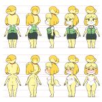  1:1 animal_crossing anthro bodily_fluids canid canine canis clothed clothing davirook domestic_dog embarrassed female frown genitals hi_res isabelle_(animal_crossing) mammal model_sheet multiple_angles nintendo nude off/on pussy smile solo sweat video_games 