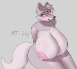  anthro artply big_breasts biped breasts canid canine canis digital_media_(artwork) ear_piercing female hi_res huge_breasts mammal maria_(slickerwolf) nipples piercing purple_eyes shaded simple_background sitting smile soft_shading solo wide_hips wolf 