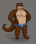 2020 anthro black_nose brown_body bulge clothing crispcactus eyes_closed hi_res humanoid_hands lutrine male mammal mustelid overweight overweight_male simple_background solo underwear 