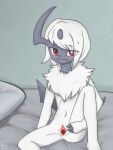  2021 3:4 absol anthro anthrofied anus bed blush chest_tuft clitoris female furniture genitals hi_res junnyboy looking_at_viewer navel nintendo pok&eacute;mon pok&eacute;mon_(species) pok&eacute;morph presenting presenting_pussy pussy red_eyes sitting smile solo spread_pussy spreading text tuft video_games 