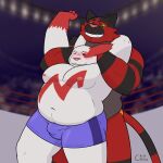  1:1 2021 anthro belly black_body blush bulge clothing crispcactus detailed_bulge duo fighting_ring genital_outline hi_res humanoid_hands incineroar male male/male moobs nintendo nipples overweight overweight_male penis_outline pok&eacute;mon pok&eacute;mon_(species) red_body underwear video_games white_body wrestling zangoose 