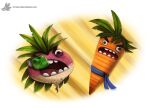  2015 animate_inanimate anthro belt black_eyes carrot cryptid-creations dragon_ball dragon_ball_z duo food food_creature goku heads_up_display humor leaf leaf_hair male open_mouth orange_body plant plant_hair pseudo_hair pun purple_body raditz tan_body teeth text turnip url vegetable visual_pun 