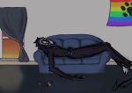  4_fingers absurd_res alcohol anthro beverage corpse_paint dark_body dark_fur fingers fur furniture hi_res lgbt_pride male pride_colors quiggly_(artist) quiggly_(character) signature sofa solo squellac tired 