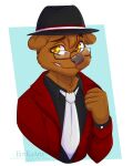  2021 absurd_res anthro brown_body brown_fur brown_hair clothed clothing digital_media_(artwork) ei-ka eyebrows eyelashes eyewear fur glasses grey_nose hair hi_res male mammal simple_background solo ursid whiskers 