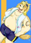  2021 anthro belly bulge canid canine canis clothing domestic_dog hi_res hisaki_(live-a-hero) humanoid_hands kemono live-a-hero male mammal moobs nazebesu_hobby overweight overweight_male solo swimwear towel video_games 