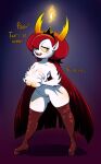  2018 areola big_breasts boots breast_squish breasts clothing dialogue disney english_text eyelashes fangs female footwear genitals hair hair_over_eye hekapoo hi_res horn humanoid legwear leqha long_hair nipples not_furry one_eye_obstructed open_mouth pussy red_hair solo squish standing star_vs._the_forces_of_evil teeth text thigh_boots thigh_highs white_body white_skin 