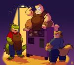  anthro apron belly blue_bottomwear blue_clothing blue_pants bottomwear clothing green_body group hi_res male night overweight overweight_anthro overweight_male pants red_clothing red_shirt red_topwear reptile scalie shirt sitting smile standing street_lamp syc topwear 