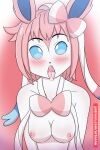  2021 2:3 ahegao anthro anthrofied artoonu blue_eyes blush blush_lines bodily_fluids breasts cum cum_in_mouth cum_inside eeveelution female fur genital_fluids hair looking_pleasured medium_breasts nintendo nipples nude open_mouth pink_hair pok&eacute;mon pok&eacute;mon_(species) pok&eacute;morph ribbons signature simple_background solo sylveon text tongue tongue_out video_games white_body white_fur 