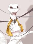  albino clothed clothing crusch_lulu female hi_res jewelry lizardman markings neck_markings necklace overlord_(series) partially_clothed reptile rope scalie solo solo_focus stercore_murum tattoo tribal tribal_tattoo 