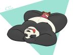  2021 ailurid anthro belly black_body black_fur black_nose bodily_fluids bulge clothing crispcactus duo fur genital_fluids giant_panda hi_res humanoid_hands lying male mammal moobs nipples overweight overweight_male precum red_panda simple_background underwear ursid white_body white_fur 