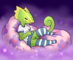  bean_bag biped clothing digital_drawing_(artwork) digital_media_(artwork) eyes_closed fog gas hi_res honeytongue kecleon lee_the_kec legwear munna nintendo pok&eacute;mon pok&eacute;mon_(species) shaded shirt simple_background sleeping solo stockings topwear video_games 