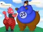  animal_crossing anthro belly big_belly big_butt blue_clothing blue_hoodie blue_topwear blush bottomless bottomwear brown_body brown_hair bubble_butt butt chameleon cinna_(megacoolbear) clothed clothing digital_media_(artwork) duo english_text flick_(animal_crossing) hair hi_res hoodie huge_butt jacket leather leather_clothing leather_jacket leather_topwear lizard male mammal megacoolbear_(artist) moobs nintendo obese obese_anthro obese_male outside overweight overweight_anthro overweight_male pants piercing red_body red_bottomwear red_clothing red_pants reptile scalie shaded sky text thick_thighs topwear ursid video_games 