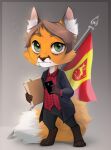  2021 anthro black_clothing black_topwear canid canine canis chibi clothed clothing digital_drawing_(artwork) digital_media_(artwork) erwin_wolz eyebrows flag flagpole folder fox full-length_portrait fur hair hi_res holding_object inner_ear_fluff kaurimoon looking_at_viewer male mammal orange_body orange_fur phone portrait red_clothing red_fox red_topwear simple_background solo standing topwear tuft white_body white_fur 