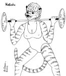 2002 anthro bernard_doove breasts cleavage clothed clothing exercise felid female fur hair mammal monochrome nipple_outline one_piece_suit pantherine solo spread_legs spreading striped_body striped_fur stripes tiger weightlifting workout 